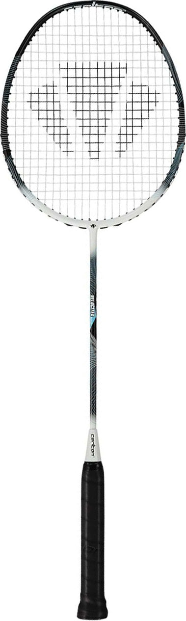 The Carlton Velocitex G2.2 G6 4U Badminton Racket in white and black features an even balance, a black grip, a silver shaft, and black and white strings with a distinctive triangular logo pattern on the string bed—making it ideal for intermediate players who want precision and control.