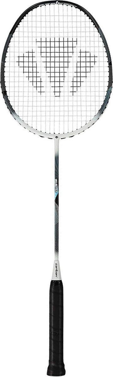 The Carlton Velocitex G2.2 G6 4U Badminton Racket in white and black features an even balance, a black grip, a silver shaft, and black and white strings with a distinctive triangular logo pattern on the string bed—making it ideal for intermediate players who want precision and control.