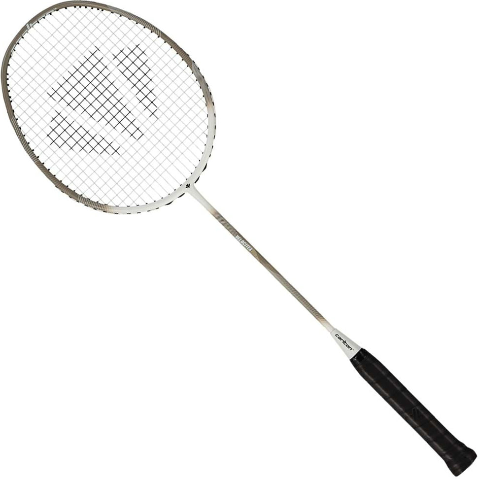 A single Carlton Velocitex G2.3 G6 4U Badminton Racket by Carlton, featuring a white and brown design with a black handle, metal shaft, and stringed oval head, is displayed on a plain white background—making it an excellent head-light balance racket for intermediate players.