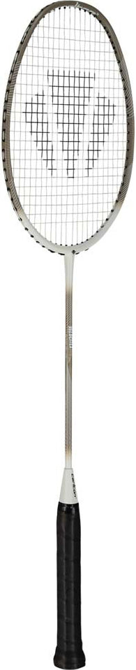The Carlton Velocitex G2.3 G6 4U Badminton Racket by Carlton is designed for intermediate players, featuring a white and brown color scheme with a head-light balance, an oval-shaped head, and black strings arranged in a precise grid pattern.