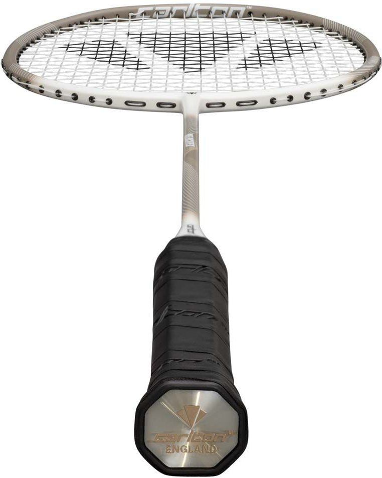 A close-up view of the Carlton Velocitex G2.3 G6 4U Badminton Racket in white and brown, featuring a black grip and white strings, is photographed from the handle toward the racket head to beautifully highlight its head-light balance—a top pick from Carlton for intermediate badminton players.