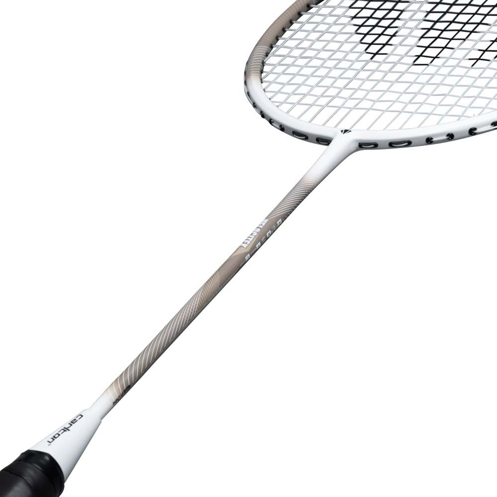 A close-up of the Carlton Velocitex G2.3 G6 4U Badminton Racket in white and brown, featuring the handle, shaft, and part of its strung oval head, all set against a plain white background.