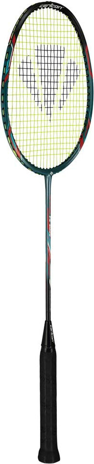 The Carlton Tru-Storm FS 3000 G6 2U Badminton Racket in teal and black by Carlton features a black handle, a teal and red shaft, and a yellow string bed with a prominent triangular logo at the center—making it an excellent choice for beginners.