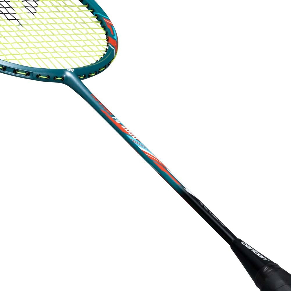 A close-up of the Carlton Tru-Storm FS 3000 G6 2U Badminton Racket in teal and black, featuring neon yellow strings and a black handle, displayed against a white background—an excellent option from Carlton for beginners seeking a dependable badminton racket.