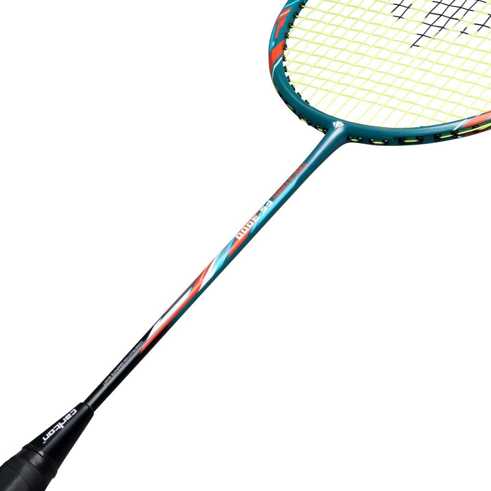 A close-up of the Carlton Tru-Storm FS 3000 G6 2U badminton racket in teal and black with a blue shaft, colorful accent stripes, and yellow strings set against a white background—making it an excellent choice for beginners looking for their first badminton racket from Carlton.
