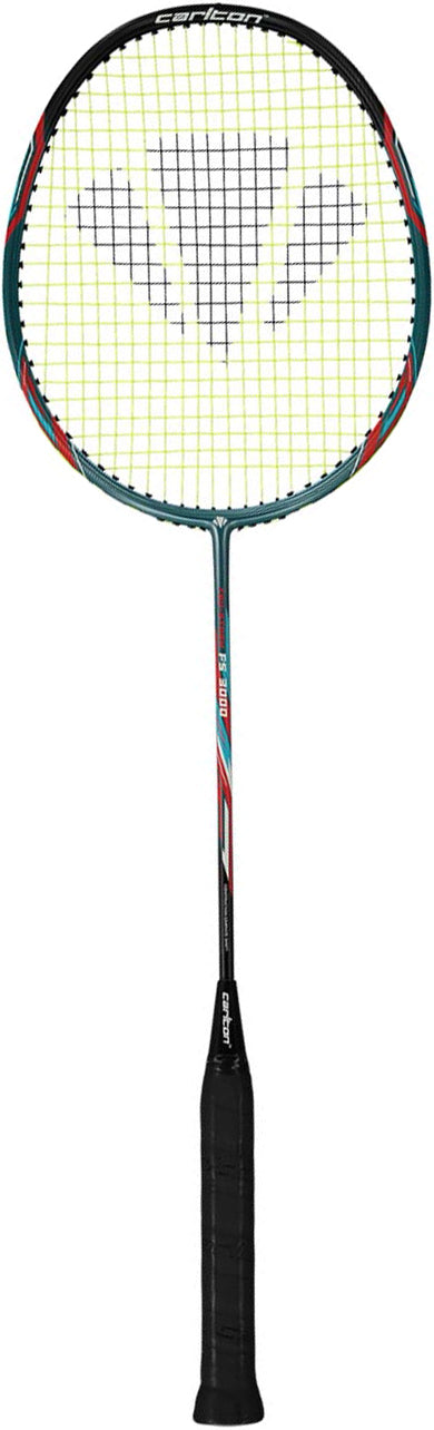 The Carlton Tru-Storm FS 3000 G6 2U Badminton Racket in teal and black, crafted by Carlton, features a full-length design and is ideal for beginners.