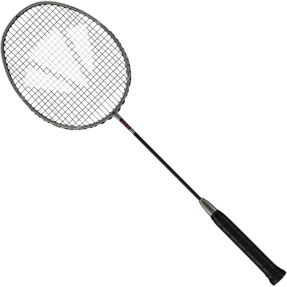 A single Carlton 3.7P G6 4U Badminton Racket in grey, featuring a black handle and mesh netting head, isolated on a white background.