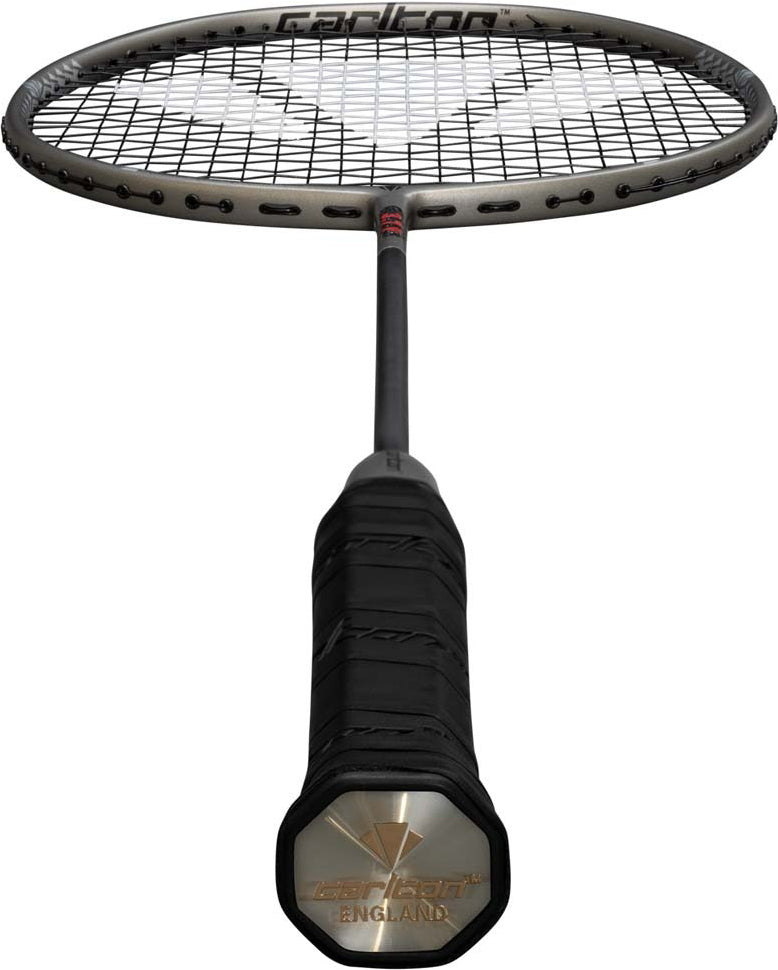 A close-up of the Carlton 3.7P G6 4U Badminton Racket in grey highlights its strings, shaft, and branded handle with “England” on the end cap. This head-heavy racket from Carlton features a power frame designed to enhance shot strength and control.
