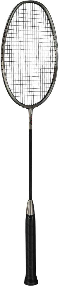 A grey Carlton 3.7P G6 4U Badminton Racket by Carlton, featuring a black handle, power frame design, and head-heavy balance, is displayed vertically against a white background.