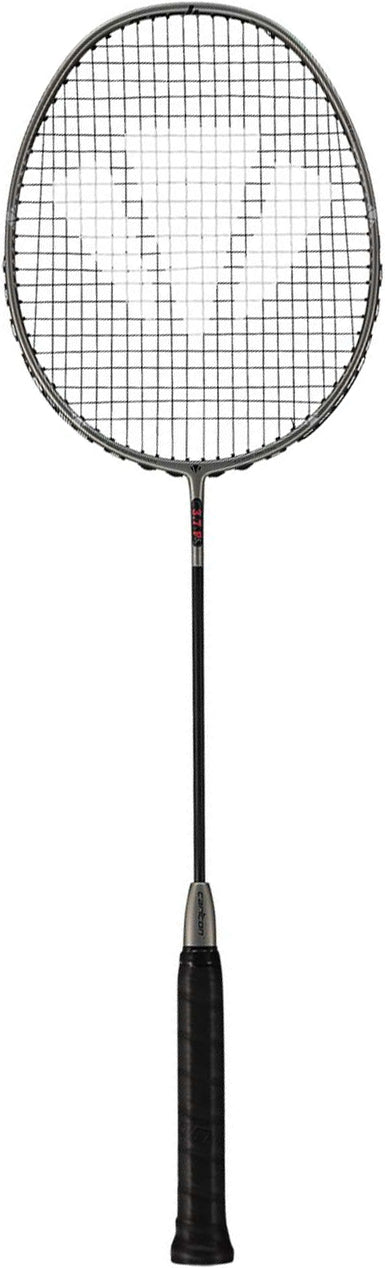 A Carlton 3.7P G6 4U Badminton Racket in grey, featuring a grid of strings, a long thin shaft, and a black grip handle, is displayed on a white background and showcases its power frame design as a head-heavy badminton racket.