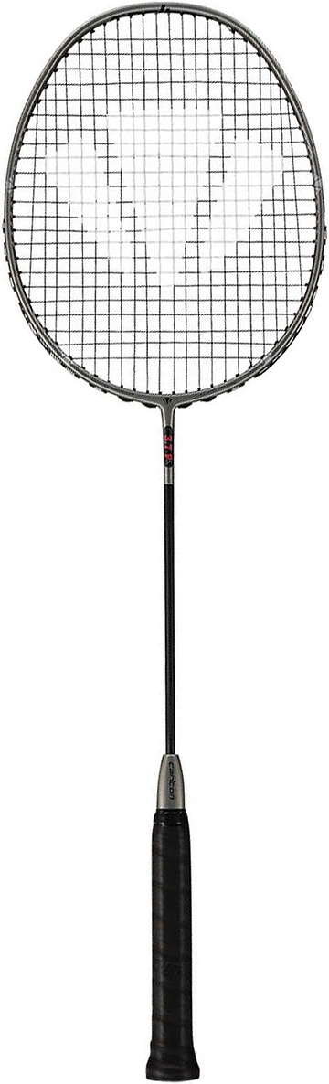 A Carlton 3.7P G6 4U Badminton Racket in grey, featuring a grid of strings, a long thin shaft, and a black grip handle, is displayed on a white background and showcases its power frame design as a head-heavy badminton racket.