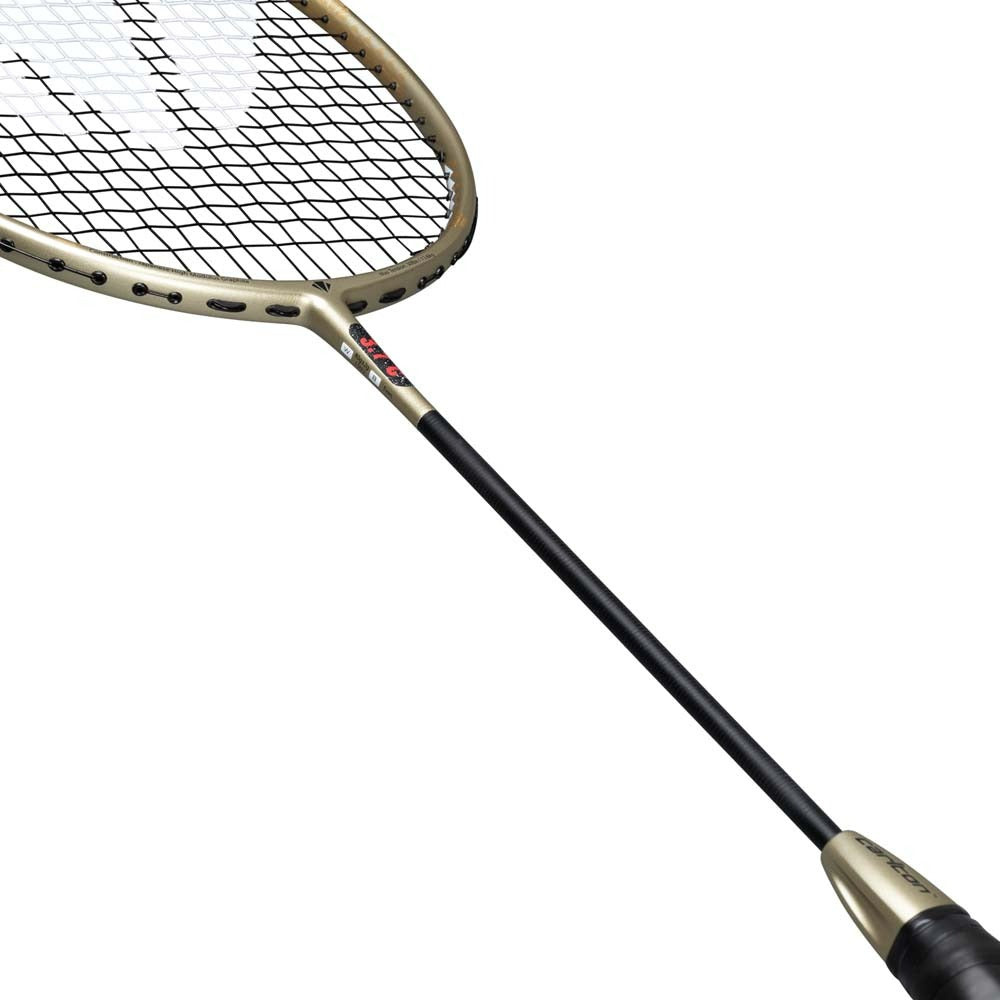 A close-up of the Carlton 3.7C G6 4U Badminton Racket in gold by Carlton, featuring a gold frame, black strings, and a black handle—perfect for advanced players seeking a control-focused badminton racket—isolated on a white background.