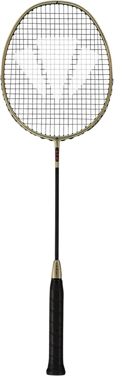 The Carlton 3.7C G6 4U Badminton Racket - Gold by Carlton features a black handle, a slim black shaft, and a striking gold frame bordering the string netting—making this control-oriented racket ideal for advanced players who prioritize precision and high-level performance.