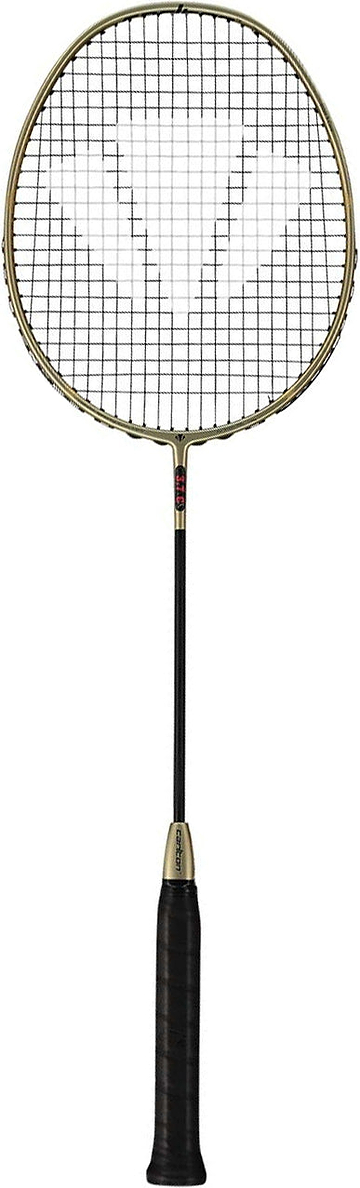 The Carlton 3.7C G6 4U Badminton Racket - Gold by Carlton features a black handle, a slim black shaft, and a striking gold frame bordering the string netting—making this control-oriented racket ideal for advanced players who prioritize precision and high-level performance.