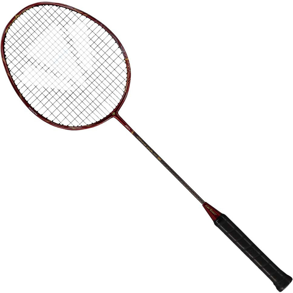 A single Carlton Vapour Trail HT 86 G6 3U Badminton Racket in red by Carlton, featuring a head-heavy balance, black grip, and white string netting is displayed against a white background.