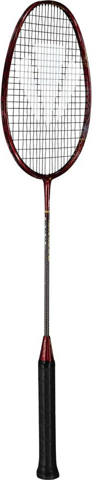 A Carlton Vapour Trail HT 86 G6 3U Badminton Racket in red and black, featuring a head-heavy balance and a black grip handle, is displayed against a white background.