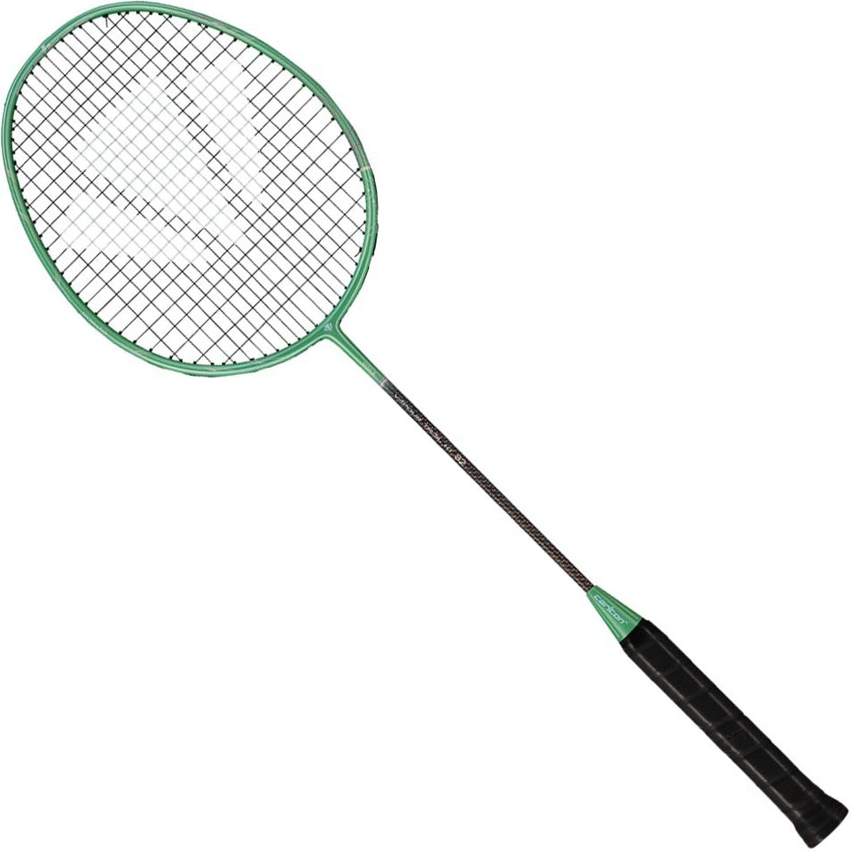 The Carlton Vapour Trail HT 82 G6 4U Badminton Racket in green, featuring a black grip, a strung oval head, and a slender shaft, is displayed against a white background—perfect for advanced players pursuing exceptional precision and control.