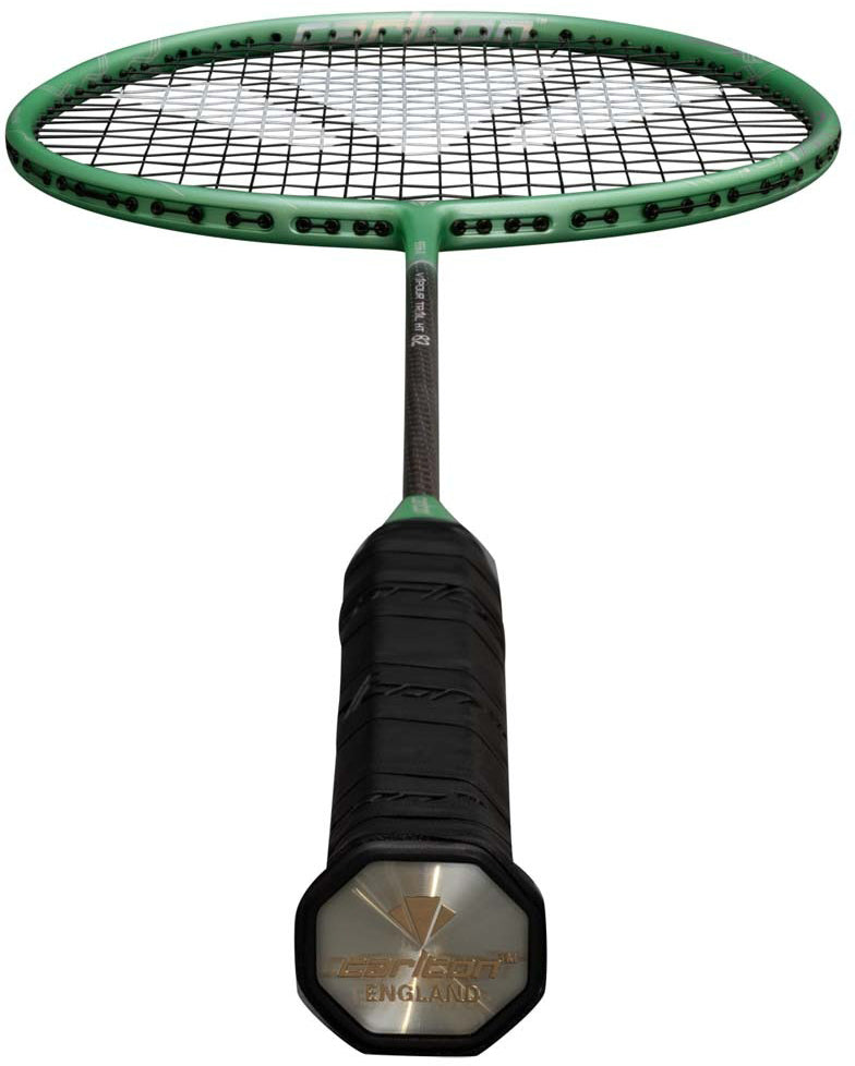 A green Carlton Vapour Trail HT 82 G6 4U badminton racket by Carlton is displayed from the handle end, showcasing its black and green design, oval head with visible strings, and a branded logo on the grip base—ideal for advanced players who prioritize precision and control.