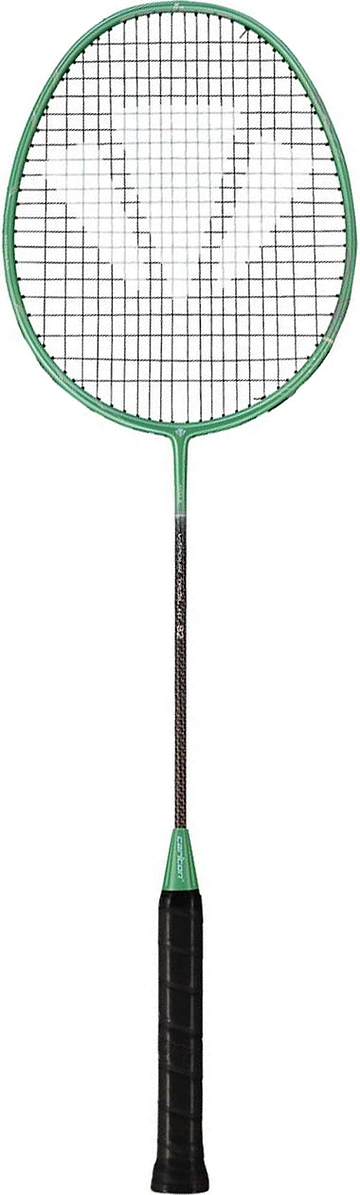 The Carlton Vapour Trail HT 82 G6 4U Badminton Racket in green and black, featuring a black grip, stands upright against a white background—a top choice from Carlton for advanced players who value precision and control.