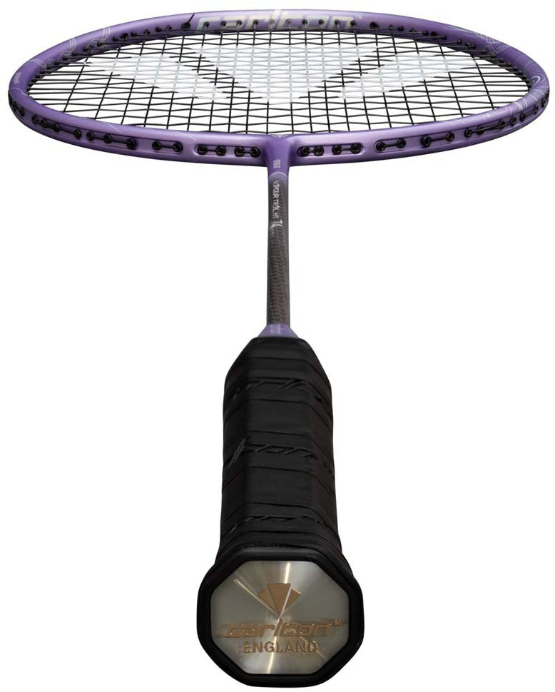 Introducing the Carlton Vapour Trail HT 74 G6 6U Badminton Racket in purple by Carlton—an ultra-light racket designed for advanced players. It features a vibrant purple frame, black strings, and a black grip. The end cap is accented with gold markings and the word “England.” The image showcases the racket from handle to head.