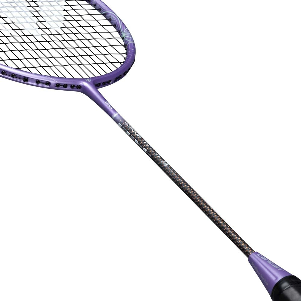 A close-up of the Carlton Vapour Trail HT 74 G6 6U Badminton Racket in purple by Carlton, an ultra-lightweight racket preferred by advanced players, displaying its purple frame, black grip, and tightly strung netting against a white background.