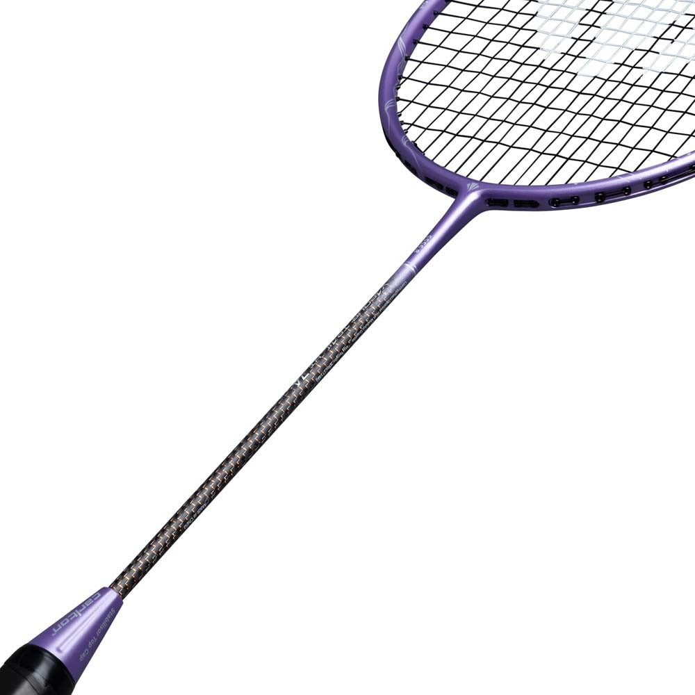 A close-up of the Carlton Vapour Trail HT 74 G6 6U Badminton Racket in purple by Carlton, an ultra-light racket crafted for advanced players, highlighting its handle, shaft, and a portion of its stringed head against a white background.
