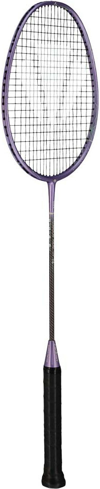 The Carlton Vapour Trail HT 74 G6 6U Badminton Racket by Carlton, featuring a purple frame and black grip handle, stands upright against a white background, making it ideal for advanced players who value agility and precision on the court.