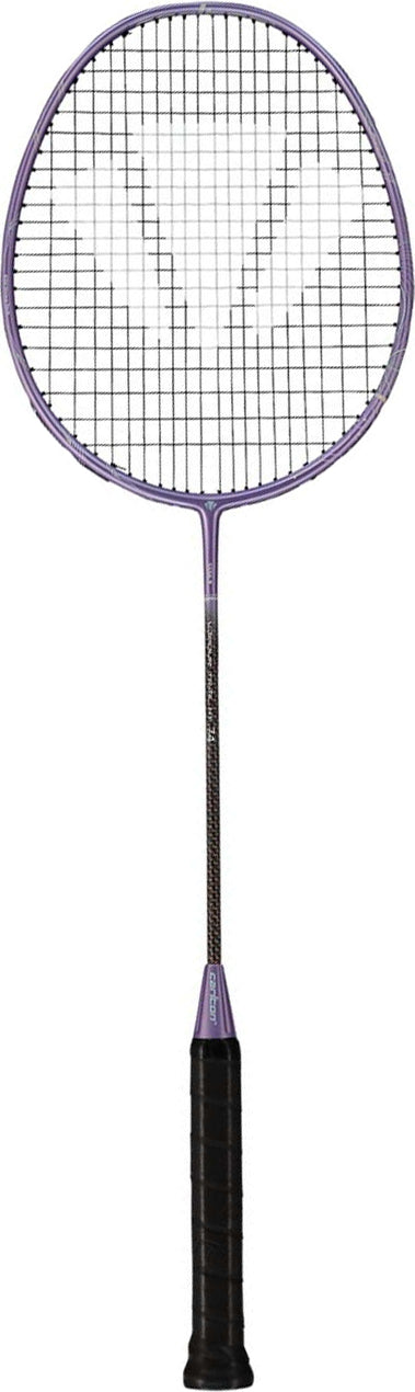 A Carlton Vapour Trail HT 74 G6 6U Badminton Racket in purple, featuring a black grip, fine mesh net, and slim shaft, is displayed against a white background—an ultra-lightweight racket from Carlton designed for advanced players.