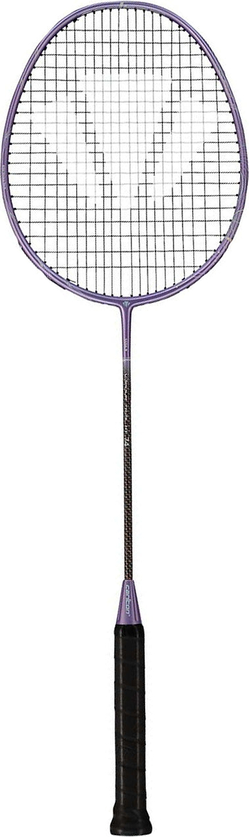 A Carlton Vapour Trail HT 74 G6 6U Badminton Racket in purple, featuring a black grip, fine mesh net, and slim shaft, is displayed against a white background—an ultra-lightweight racket from Carlton designed for advanced players.