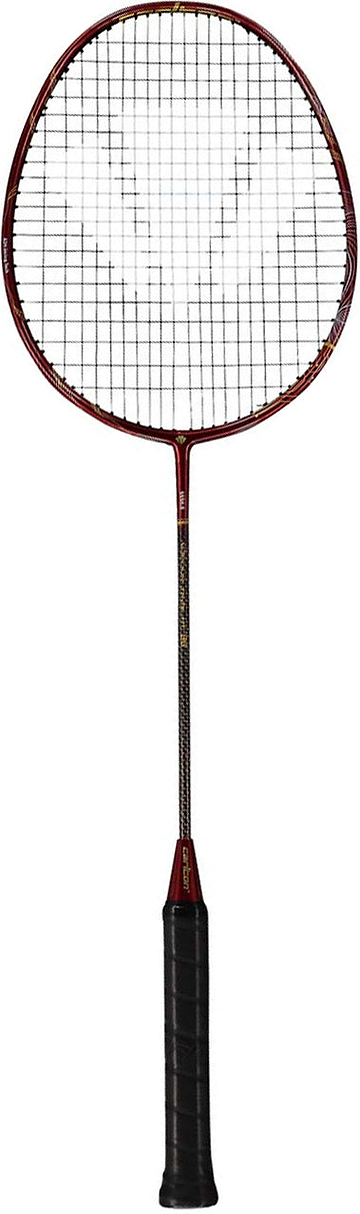 A Carlton Vapour Trail HT 86 G6 3U Badminton Racket in red, featuring a slim shaft, an oval-shaped stringed head with a head-heavy balance, and a black grip, is shown against a white background.