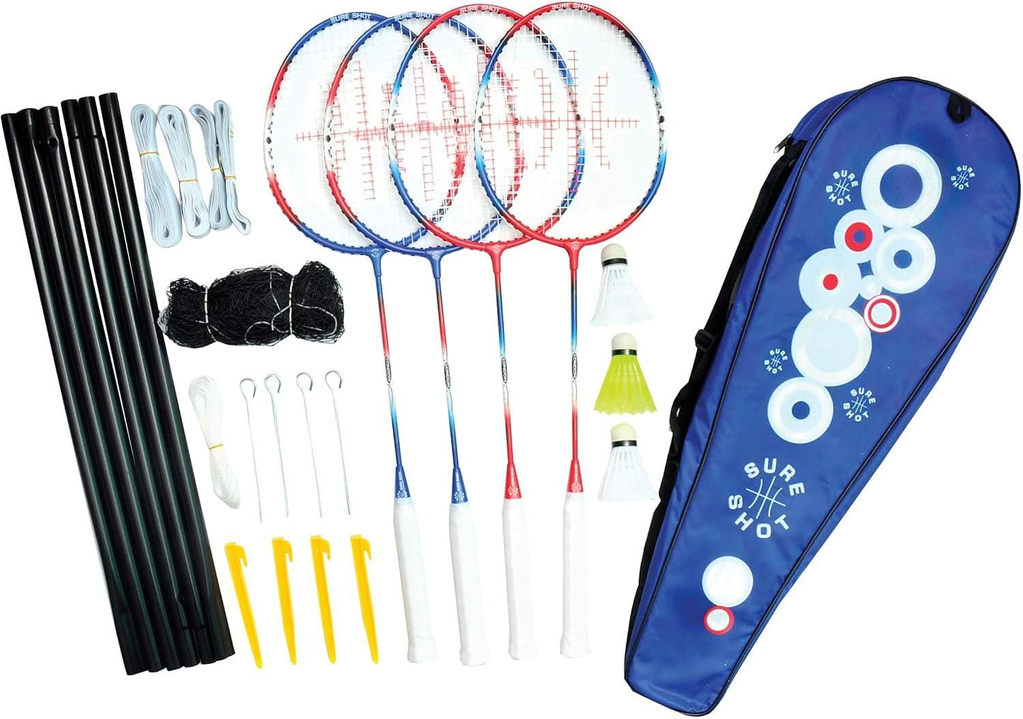 Discover the Sure Shot London Family Badminton Racket & Net Set, featuring four tempered steel rackets, three shuttlecocks, netting, poles, hooks, yellow ground stakes, white setup lines, and a stylish blue carrying case with a circle graphic and logo. Perfect for family fun on the go!.