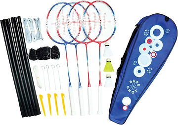 Discover the Sure Shot London Family Badminton Racket & Net Set, featuring four tempered steel rackets, three shuttlecocks, netting, poles, hooks, yellow ground stakes, white setup lines, and a stylish blue carrying case with a circle graphic and logo. Perfect for family fun on the go!.