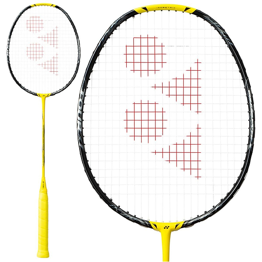A close-up image highlights the Yonex Nanoflare 1000 Tour 4U Badminton Racket in Lightning Yellow. Its black and yellow design features strings forming red geometric shapes, perfect for advanced players. The bright yellow grip enhances both style and performance.