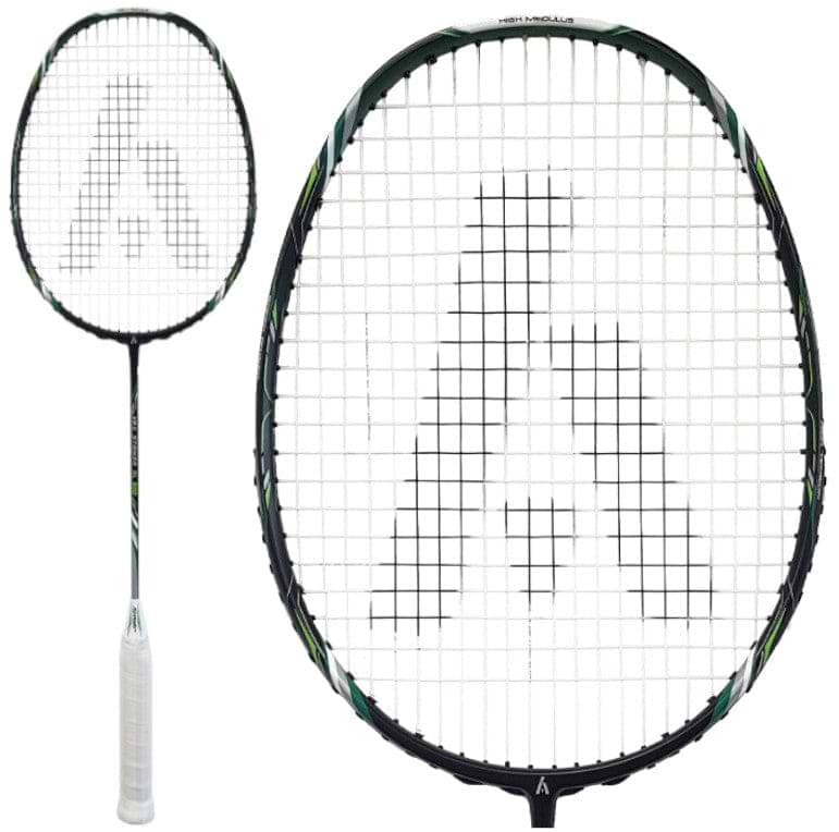 The Ashaway Vex Striker 500SL Badminton Racket by Ashaway is a black and white ultralight racket featuring a patterned string design. It includes a white grip on the handle, while the upper frame boasts green accents. Constructed with graphite, it offers an enhanced sweet spot, and its strings create a distinct geometric logo.
