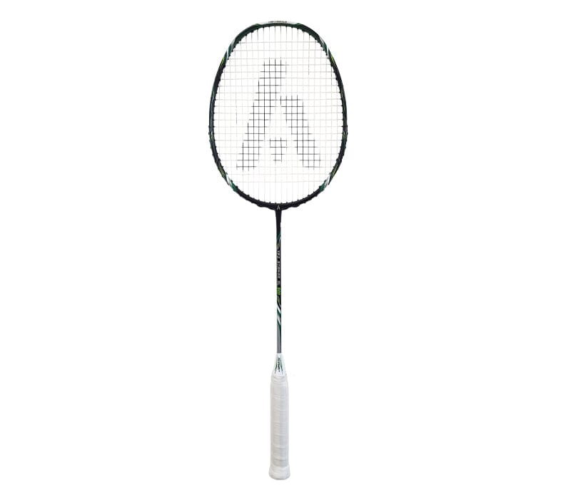 The Ashaway Vex Striker 500SL Badminton Racket, featuring a black frame, white strings, and a white handle, is showcased against a plain white background. This ultralight graphite racket by Ashaway enhances player performance with its larger sweet spot, ideal for dynamic gameplay.