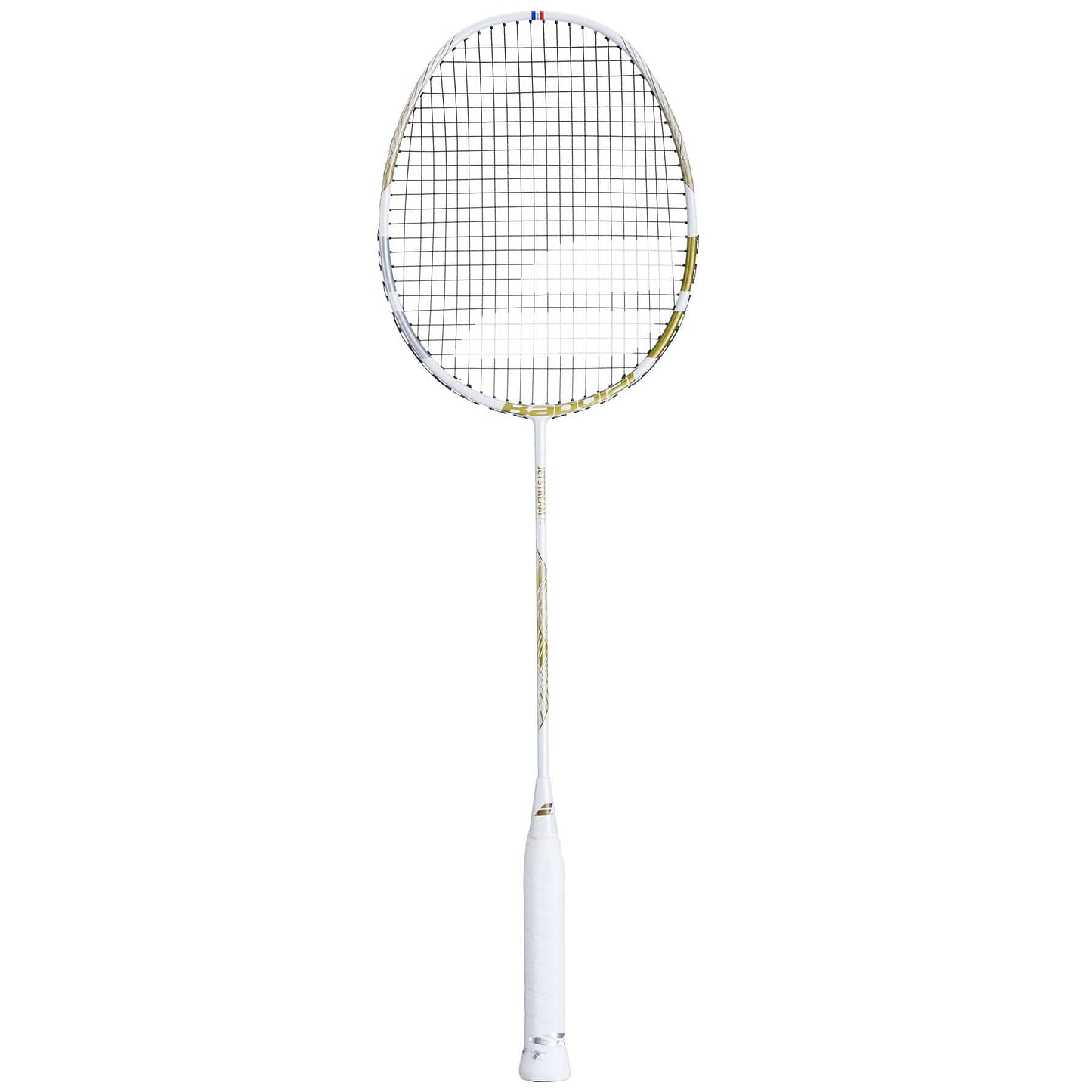 The Babolat Jetstream 74 6U badminton racket in white and gold offers precise shots with its tightly woven strings, ultra-light design for maximum control, and comfortable grip.