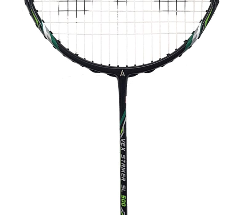 Close-up of an Ashaway Vex Striker 500SL badminton racket in black, accented with green and white. Featuring tightly strung strings, the ultralight weight racket has a graphite frame that offers a larger sweet spot for superior play.
