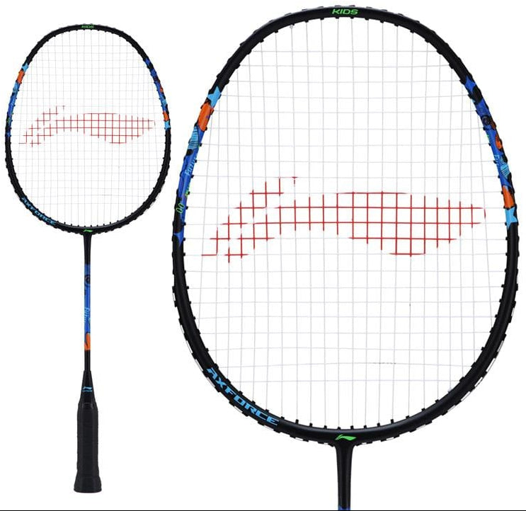 The Li-Ning Axforce Kids Badminton Racket - Black from Li-Ning showcases a black frame accented with vibrant colors and includes a bold red pattern on the strings. Displayed from two angles, it emphasizes its oval shape and grip design, making it ideal for beginners.