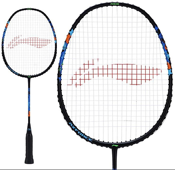 The Li-Ning Axforce Kids Badminton Racket - Black from Li-Ning showcases a black frame accented with vibrant colors and includes a bold red pattern on the strings. Displayed from two angles, it emphasizes its oval shape and grip design, making it ideal for beginners.