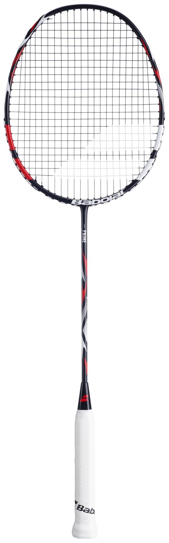 The Babolat Prime 2026 Badminton Racket in black and white features a lightweight frame, white grip, and tightly strung net. The "Babolat" branding is visible on the grip, making it ideal for beginner players.