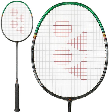 The Yonex Astrox 99 Game 4U Badminton Racket in Black/Green by Yonex is shown with a black grip, green accents, red Yonex logo on the strings, and close-up detail of its Rotational Generator System on the racket head.