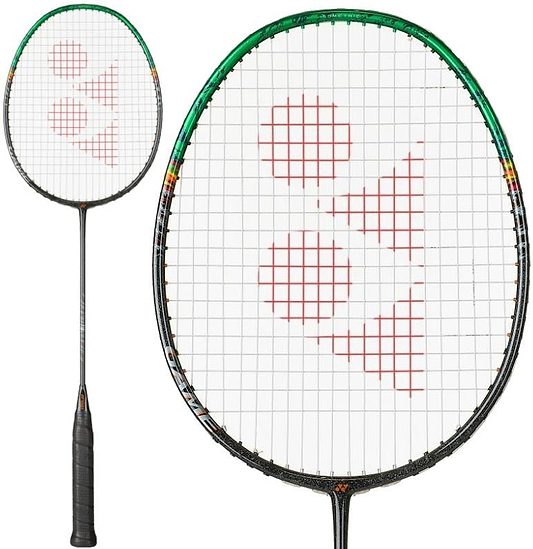 The Yonex Astrox 99 Game 4U Badminton Racket in Black/Green by Yonex is shown with a black grip, green accents, red Yonex logo on the strings, and close-up detail of its Rotational Generator System on the racket head.