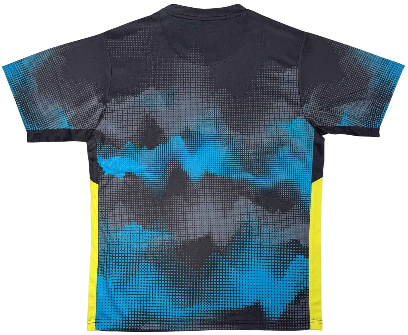 The Yonex YTM2025A Men's Badminton T-Shirt in black features blue and gray pixelated back graphics, yellow side panels, Air-Release ventilation, and Quick-Dry technology for cool, comfortable play.