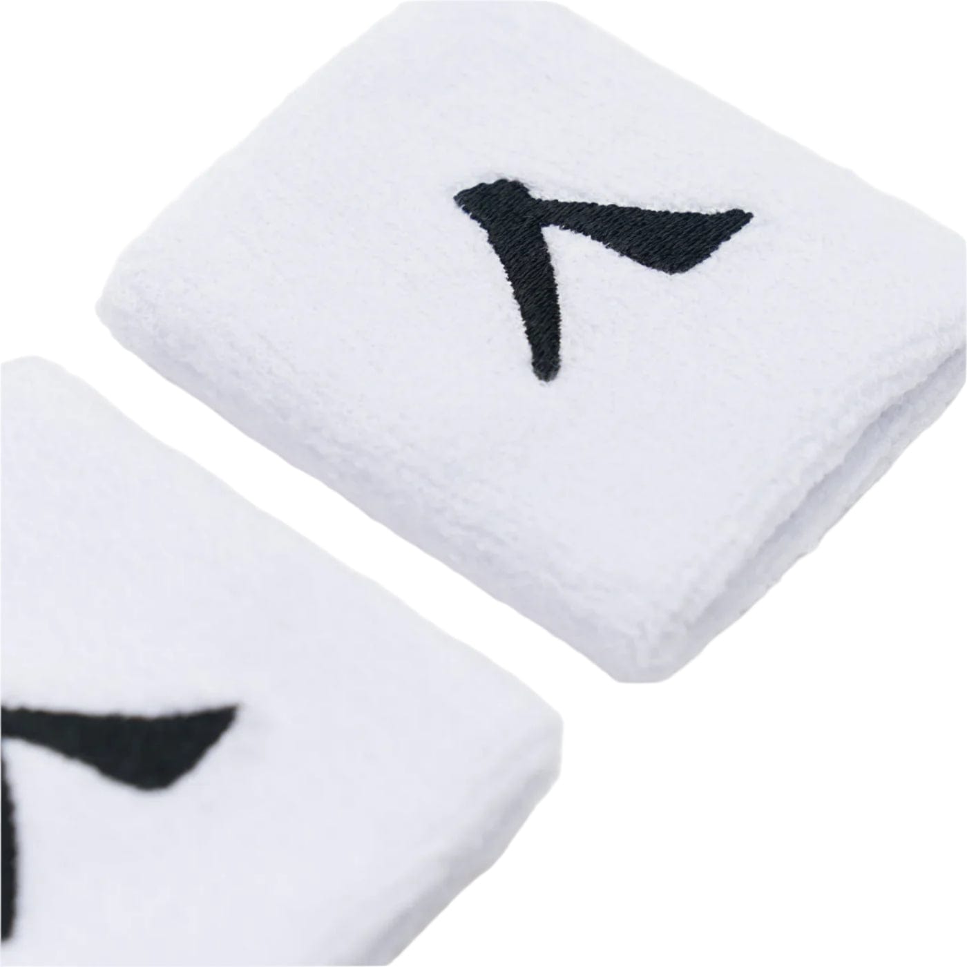 Two white Kanso 7cm wristbands are displayed against a light surface, each crafted from absorbent fabric. They feature an abstract black design akin to a "V" or bird, embodying Kanso's sleek simplicity. The texture appears soft and plush.