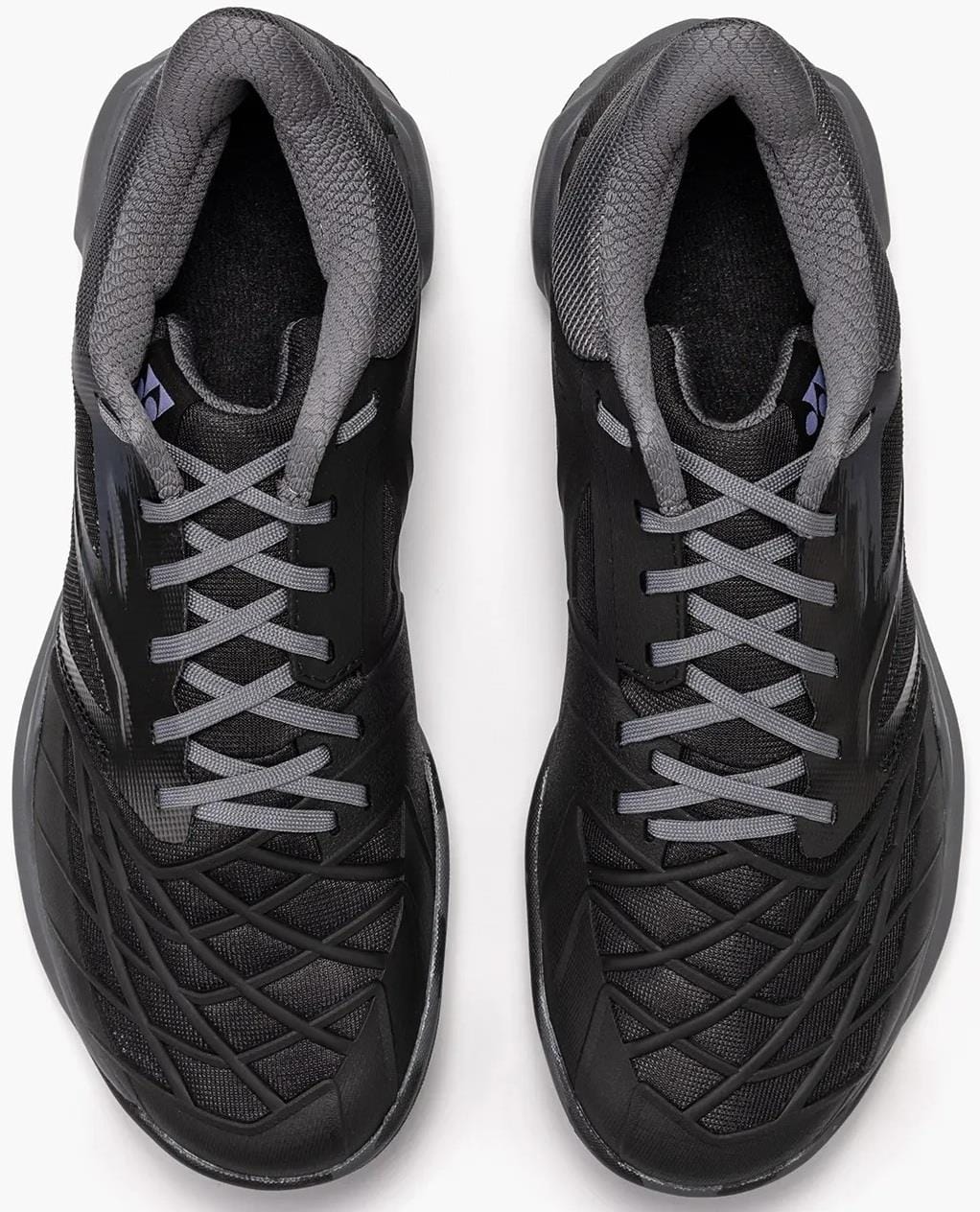 A top view of Yonex Power Cushion Cascade Drive 3 Unisex Badminton Shoes in black/grey, showing gray laces, a gray inner lining, and textured toe and sides on a white background.