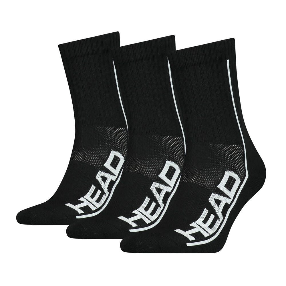 The HEAD Performance Badminton Socks (3 Pack) in black and white feature the "HEAD" branding on the side, a ribbed cuff, and a textured design for enhanced comfort. These athletic ankle socks provide arch support and are displayed in a row, highlighting their side profile.