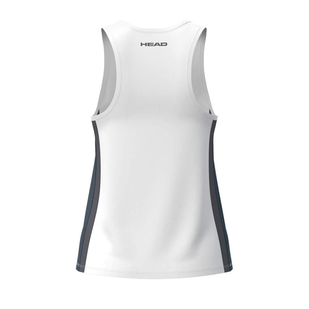 The HEAD Club 25 Tech Womens Badminton Tank Top in navy/white features the HEAD logo and moisture transfer microfiber technology for breathability and comfort.