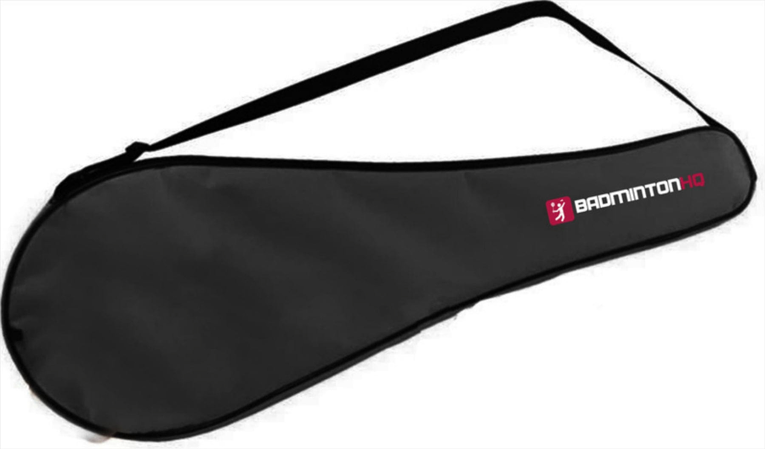 Introducing the BadmintonHQ Full Size Universal Racket Cover Case in black, crafted from durable 600D polyester. This cover features a white and red logo on the side and includes an adjustable shoulder strap for convenient carrying.