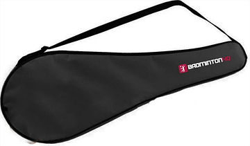Introducing the BadmintonHQ Full Size Universal Racket Cover Case in black, crafted from durable 600D polyester. This cover features a white and red logo on the side and includes an adjustable shoulder strap for convenient carrying.