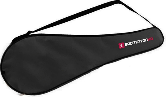 Introducing the BadmintonHQ Full Size Universal Racket Cover Case in black, crafted from durable 600D polyester. This cover features a white and red logo on the side and includes an adjustable shoulder strap for convenient carrying.